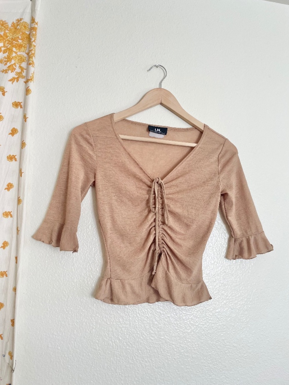 Y2K I.N. San Francisco Beige Ruched Tie Front Bell Sleeve Top